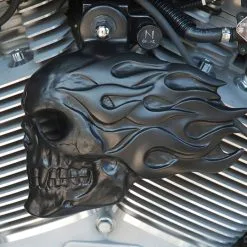 Chrome Dome Satin Black Flaming Skull Horn Cover